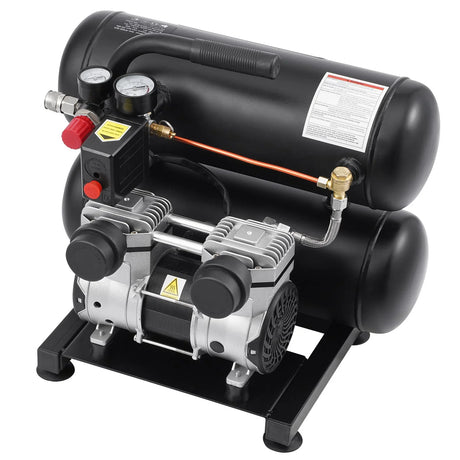Dual tank electric air compressor with pressure gauges and metal fittings