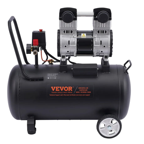 Portable electric air compressor with dual motors and wheels, black tank, workshop tool