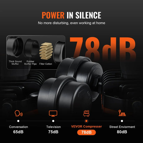 Quiet air compressor with sound muffler, 78dB noise level, black industrial equipment