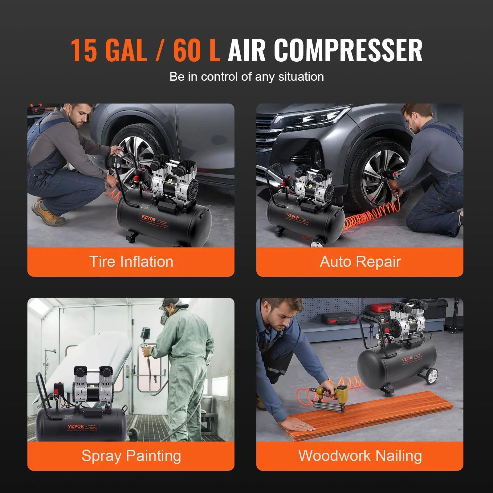 15 gallon air compressor used for tire inflation, auto repair, spray painting, and woodwork nailing