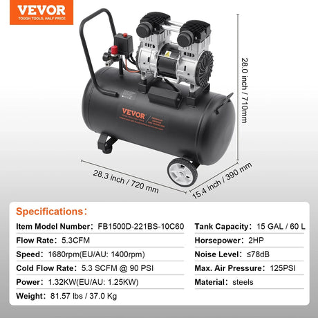 Electric air compressor with 60L tank, wheels, dual motor, specs for garage or workshop use