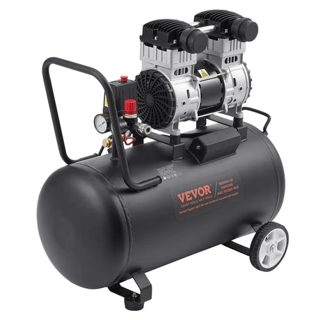 Portable VEVOR air compressor with dual motor, pressure gauge, and wheeled black tank