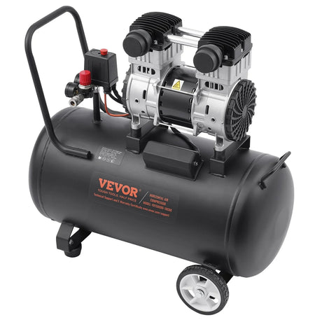 Portable horizontal air compressor with tank and dual motor, black and silver, isolated view