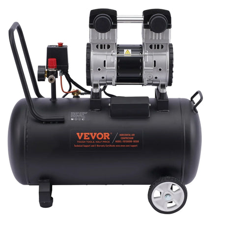 Horizontal air compressor with dual cylinder motor and wheels, black finish, industrial tool