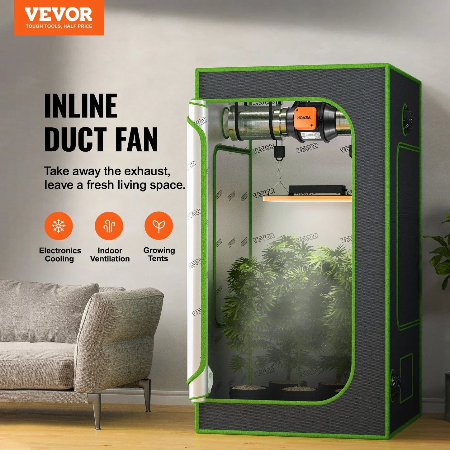 VEVOR Inline Duct Fan, 102mm 129.7 CFM with Variable Speed Controller, Quiet AC-motor Ventilation Exhaust Fan for Cooling Booster, Grow Tents, Hydroponics - Stacks Warehouse