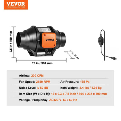 VEVOR Inline Duct Fan, 102mm 129.7 CFM with Variable Speed Controller, Quiet AC-motor Ventilation Exhaust Fan for Cooling Booster, Grow Tents, Hydroponics - Stacks Warehouse