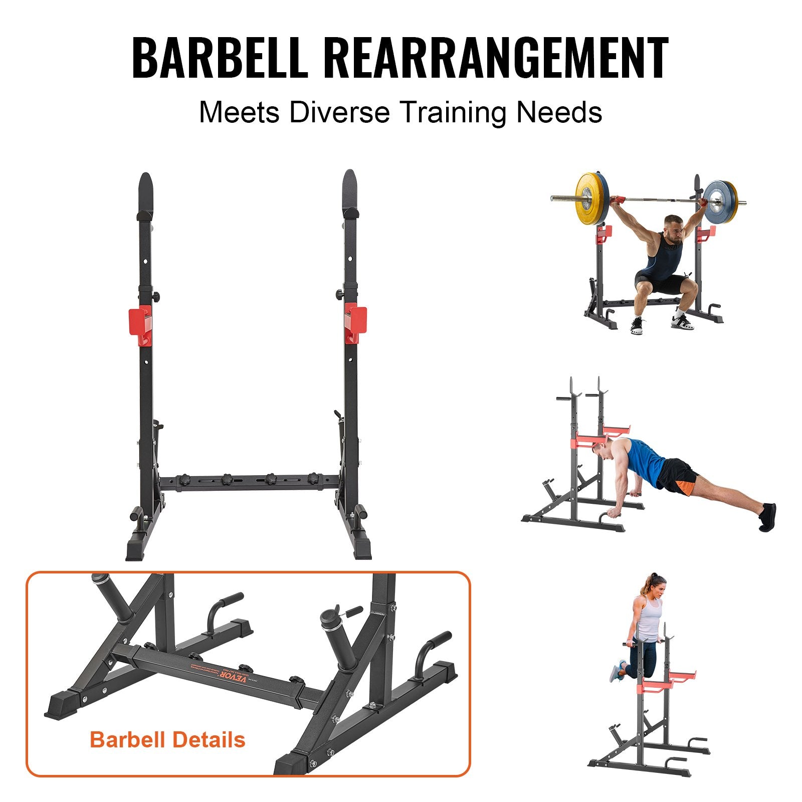 Adjustable barbell rack for diverse training needs, featuring squat, push-up, and step exercises.
