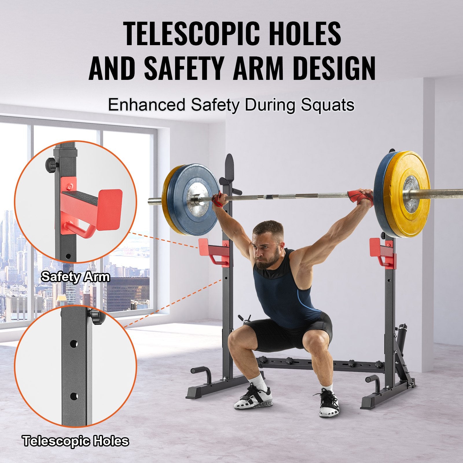 Man squatting with barbell on power rack featuring safety arms and telescopic holes for secure workouts