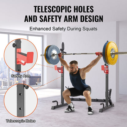 Man squatting with barbell on power rack featuring safety arms and telescopic holes for secure workouts