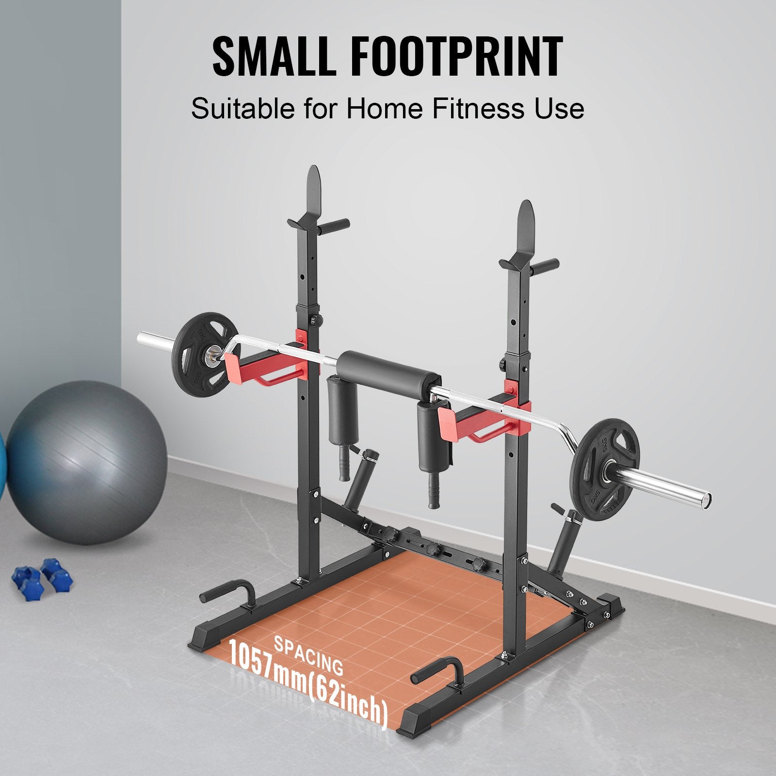 Compact home gym squat rack with barbell, ideal for small spaces and home fitness use