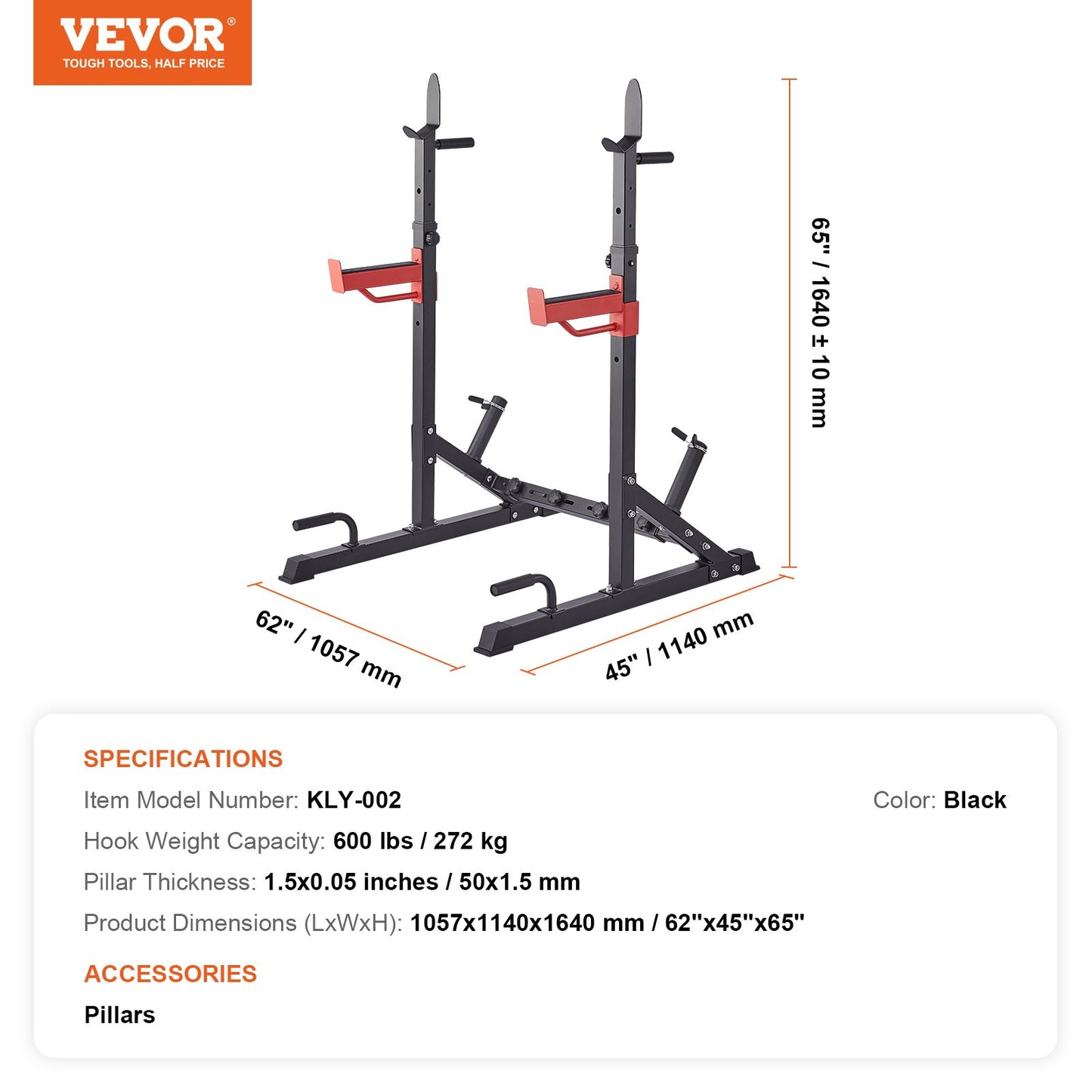 VEVOR KLY-002 squat rack with 600 lbs capacity, black color, 62x45x65 inches dimensions