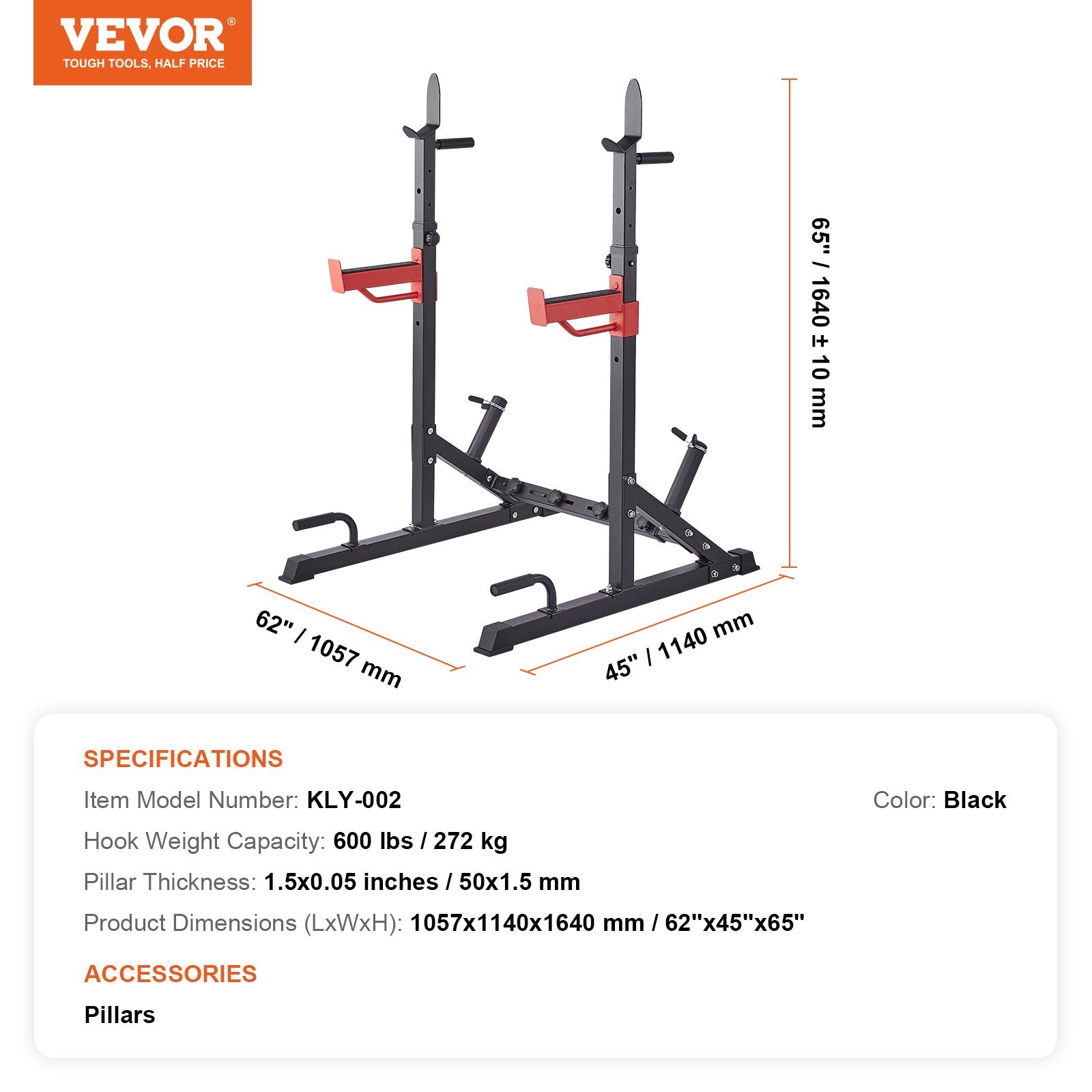 VEVOR KLY-002 squat rack with 600 lbs capacity, black color, 62x45x65 inches dimensions