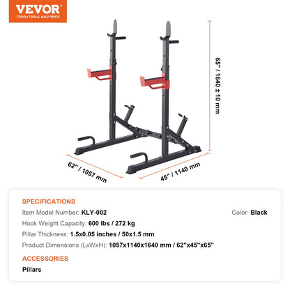 VEVOR KLY-002 squat rack with 600 lbs capacity, black color, 62x45x65 inches dimensions