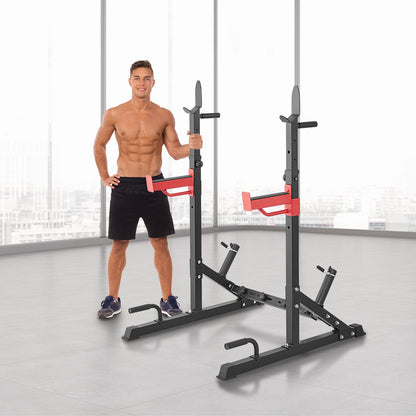Man posing with black and red squat rack in bright gym, home workout equipment for strength training
