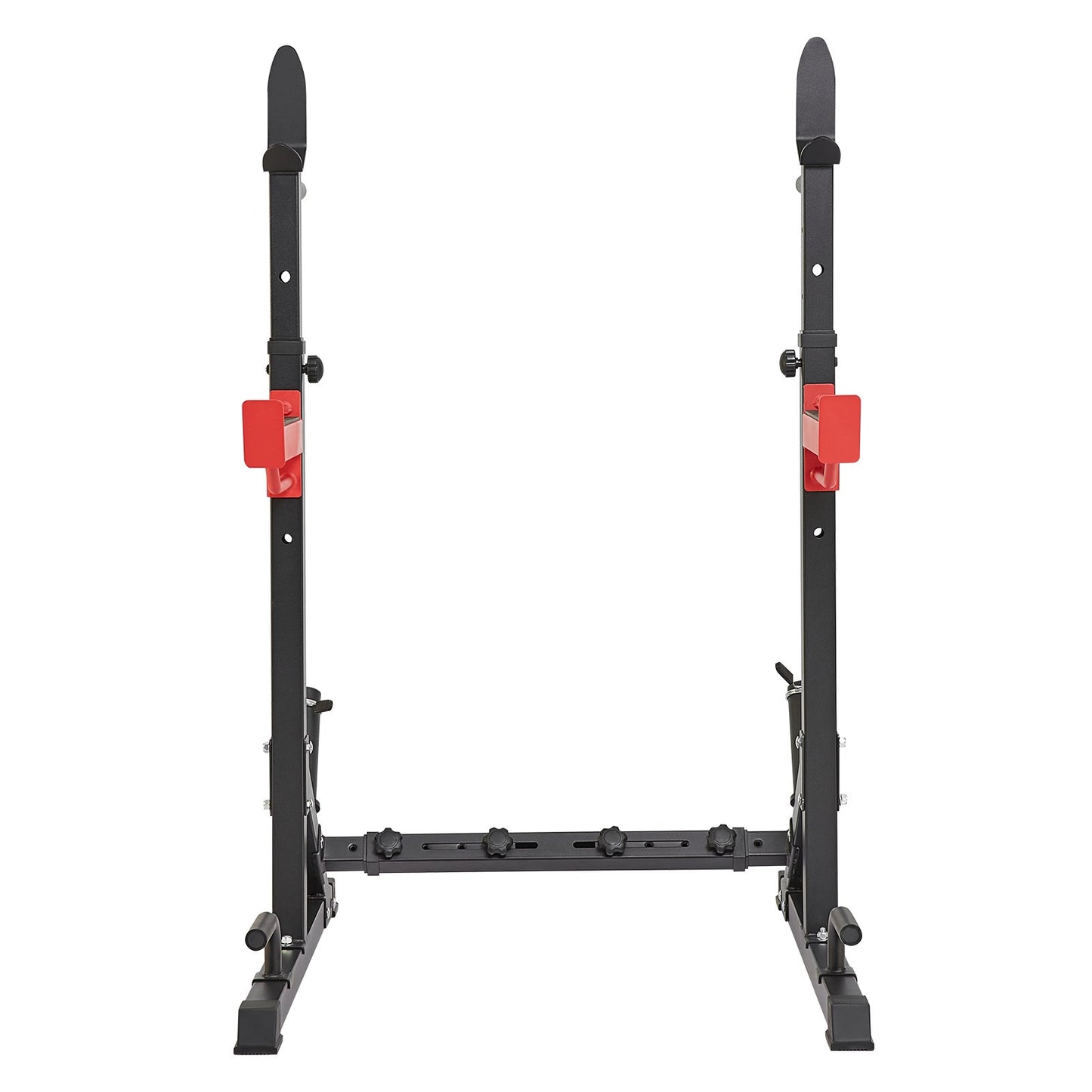 Black squat rack with red safety catches, adjustable height, home gym equipment