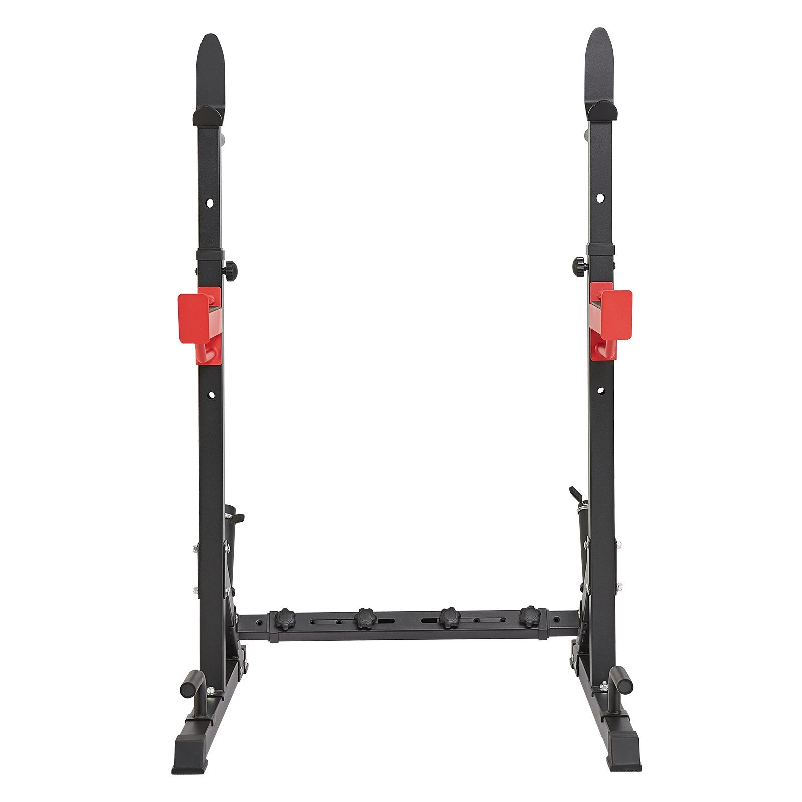 Black squat rack with red safety catches, adjustable height, home gym equipment