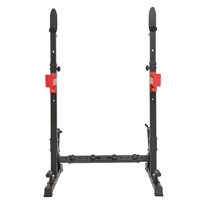 Black squat rack with red safety catches, adjustable height, home gym equipment