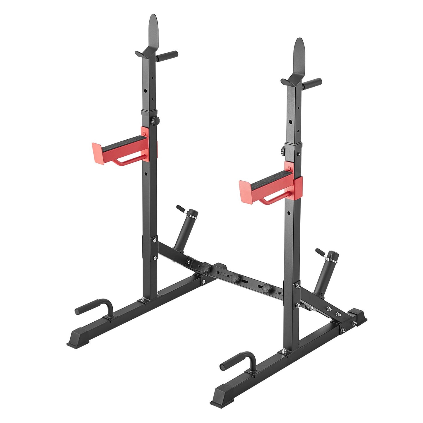 Black and red squat rack with adjustable safety bars for home gym workouts