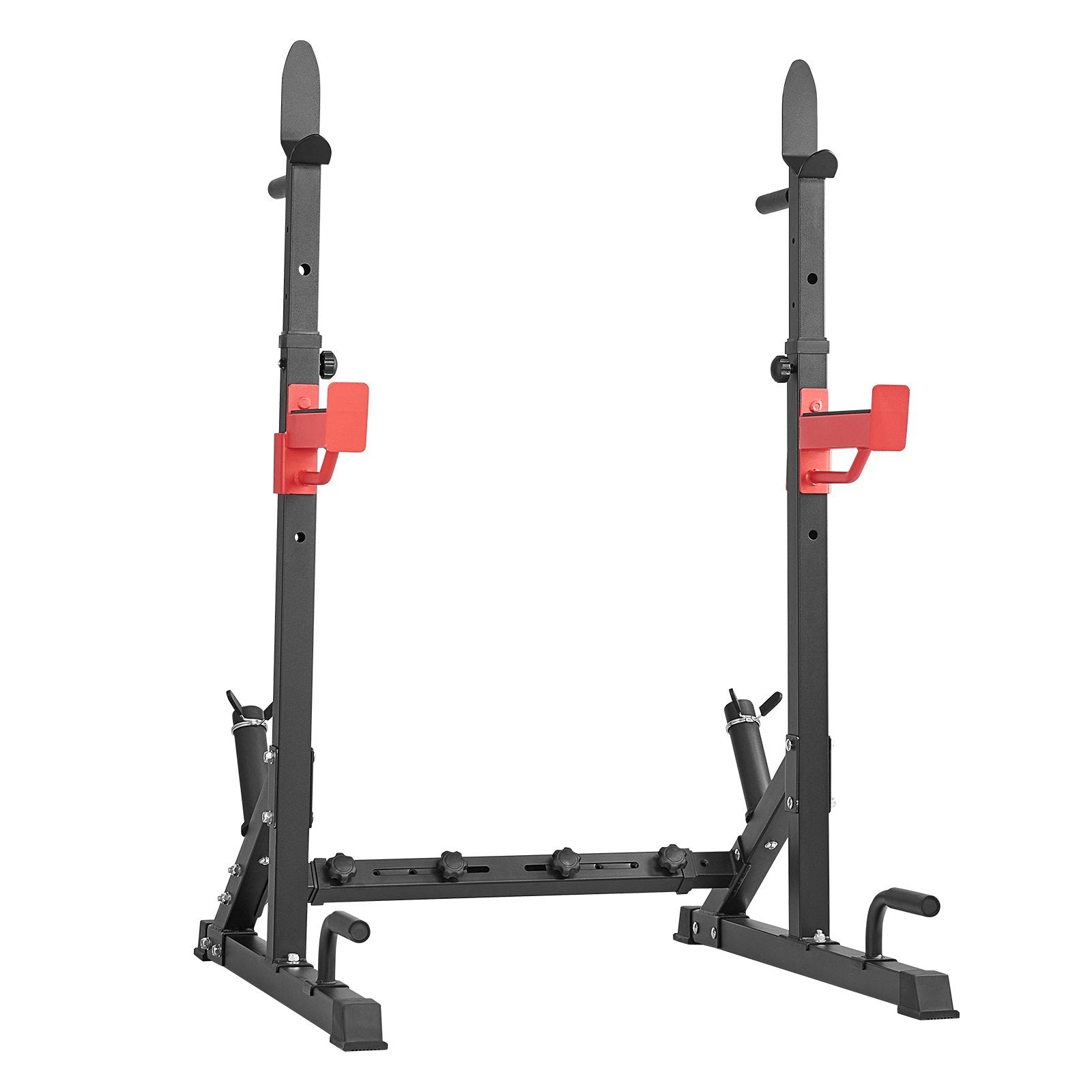 Black squat rack with red safety bars for home gym workouts