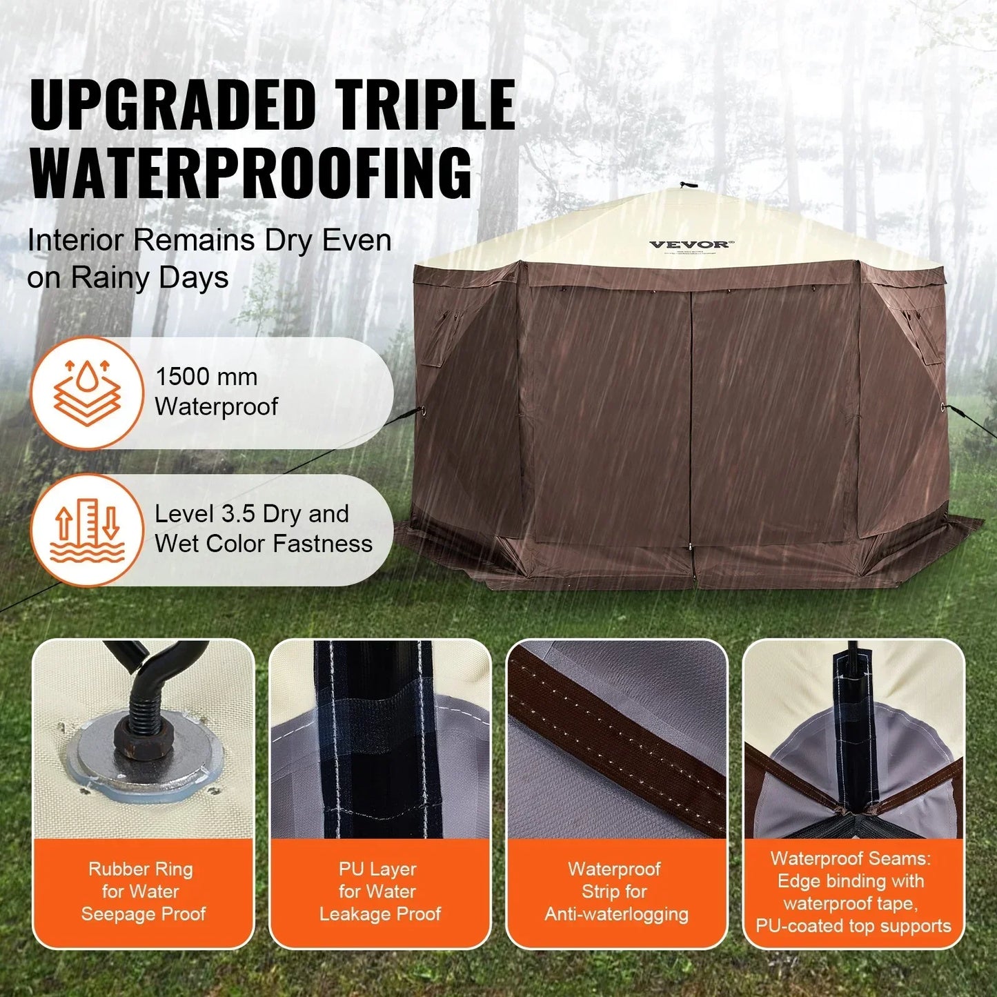 VEVOR Pop Up Gazebo Tent 6 Sided Screen 11.5x11.5ft Mosquito Netting Brown