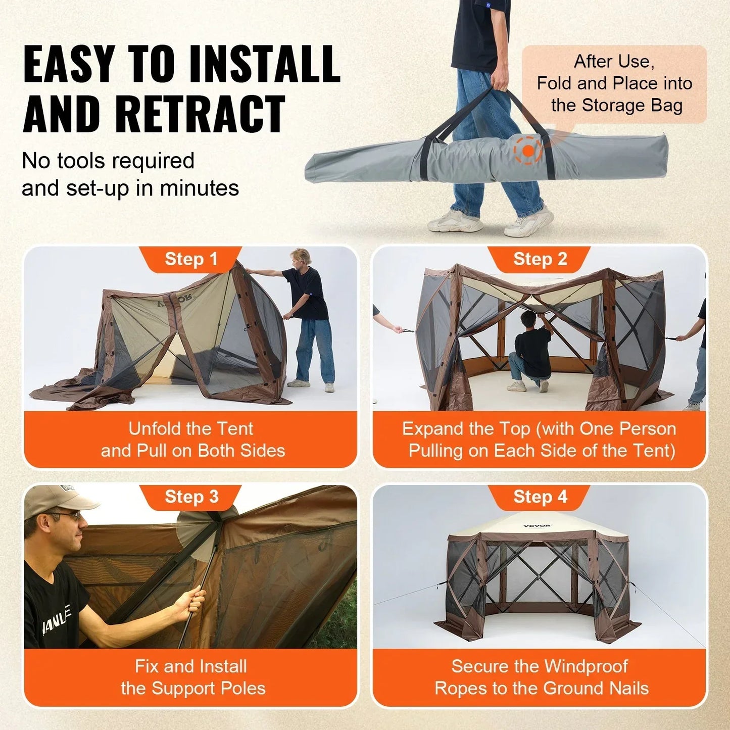 VEVOR Pop Up Gazebo Tent 6 Sided Screen 11.5x11.5ft Mosquito Netting Brown