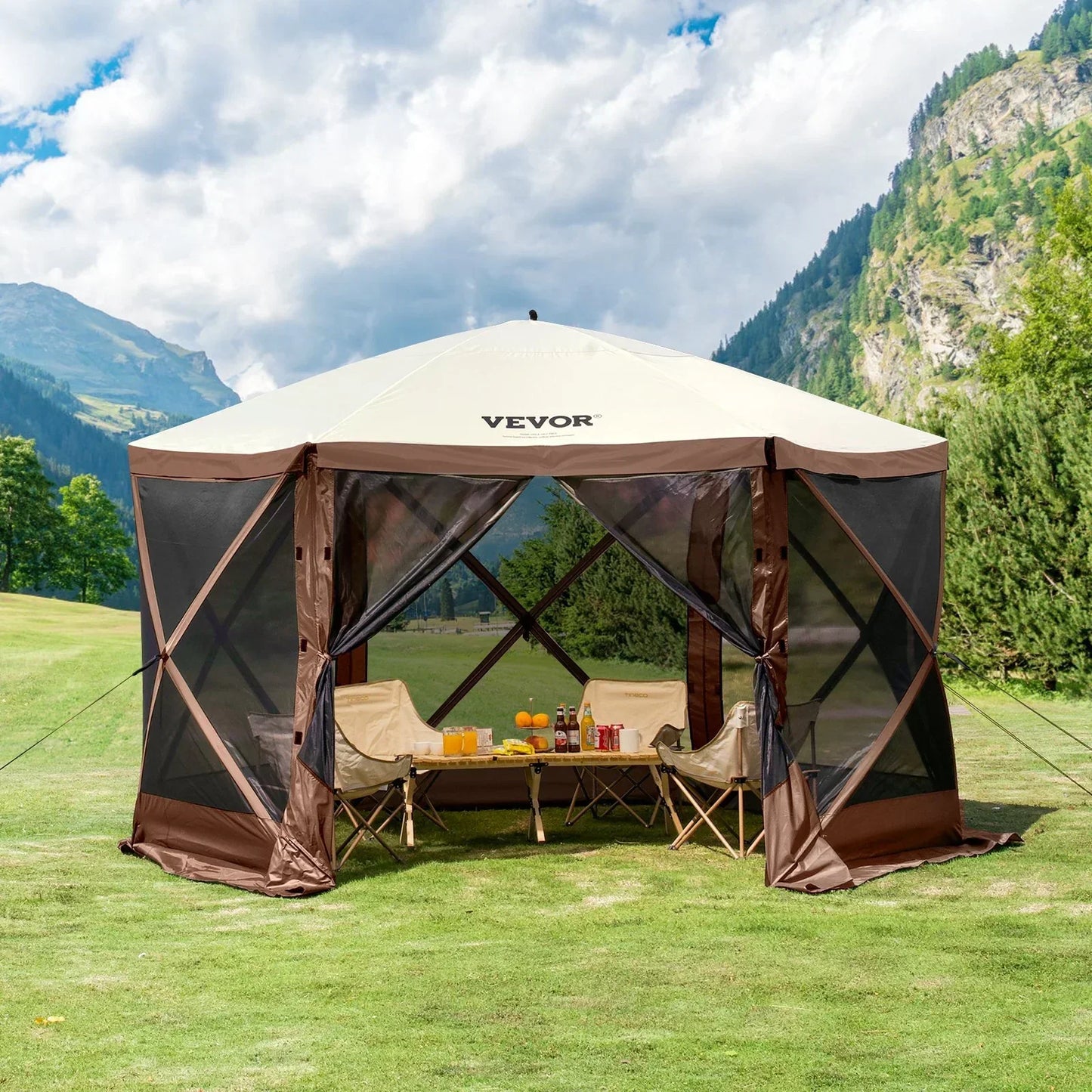 VEVOR Pop Up Gazebo Tent 6 Sided Screen 11.5x11.5ft Mosquito Netting Brown