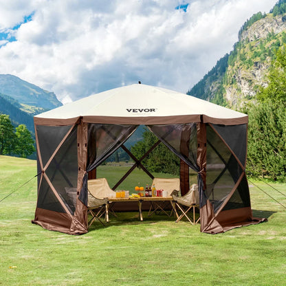 VEVOR Pop Up Gazebo Tent 6 Sided Screen 11.5x11.5ft Mosquito Netting Brown