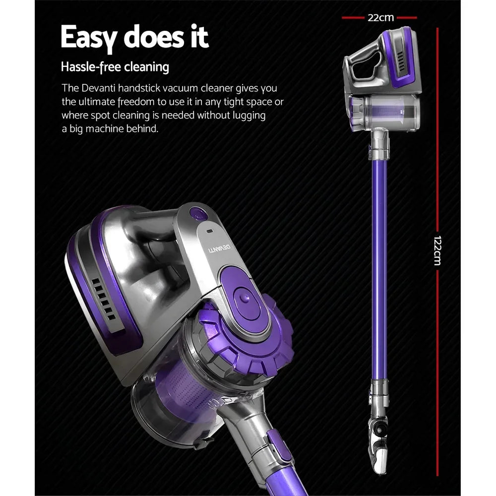 Devanti Stick Vacuum Cleaner Bagless Cordless 150W Purple - Stacks Warehouse