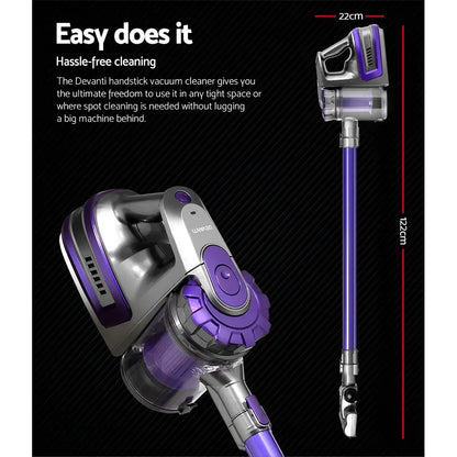 Devanti Stick Vacuum Cleaner Bagless Cordless 150W Purple - Stacks Warehouse