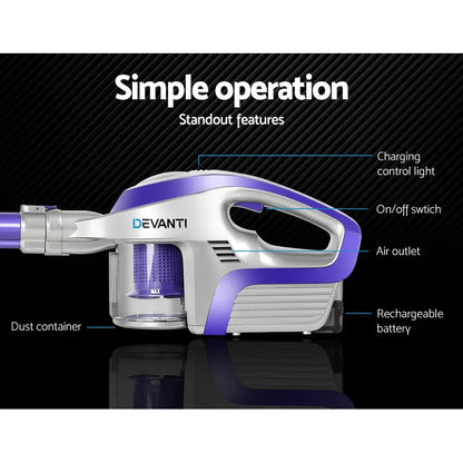 Devanti Stick Vacuum Cleaner Bagless Cordless 150W Purple - Stacks Warehouse
