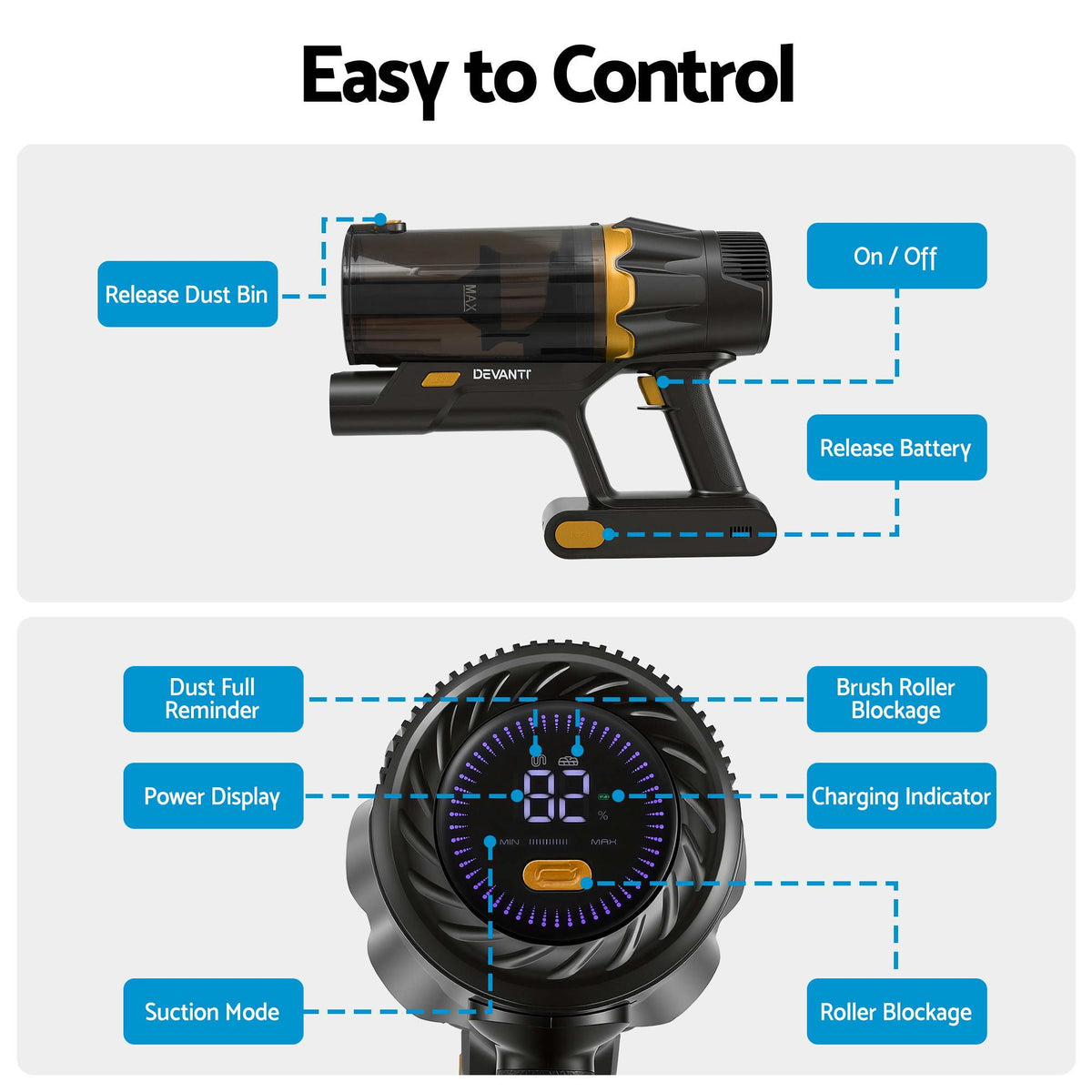 Devanti 30000Pa Cordless Stick Vacuum 4-in-1 - Gold - view 6