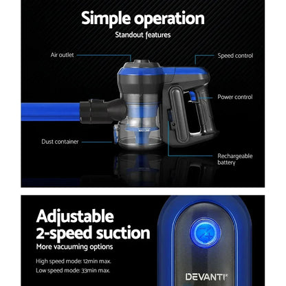 Devanti Stick Vacuum Cleaner Brushless Cordless 250W Blue - Stacks Warehouse