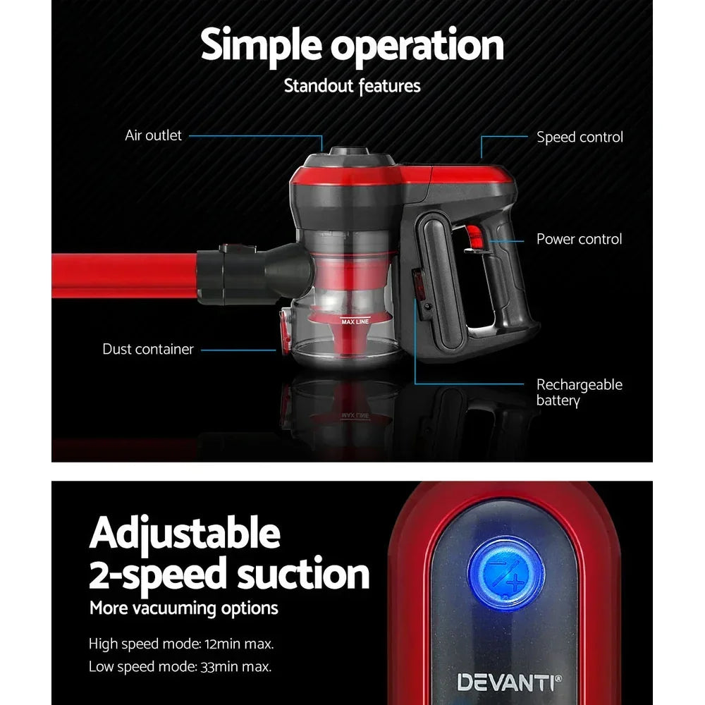 Devanti Stick Vacuum Cleaner Brushless Cordless 250W Red - Flea Market