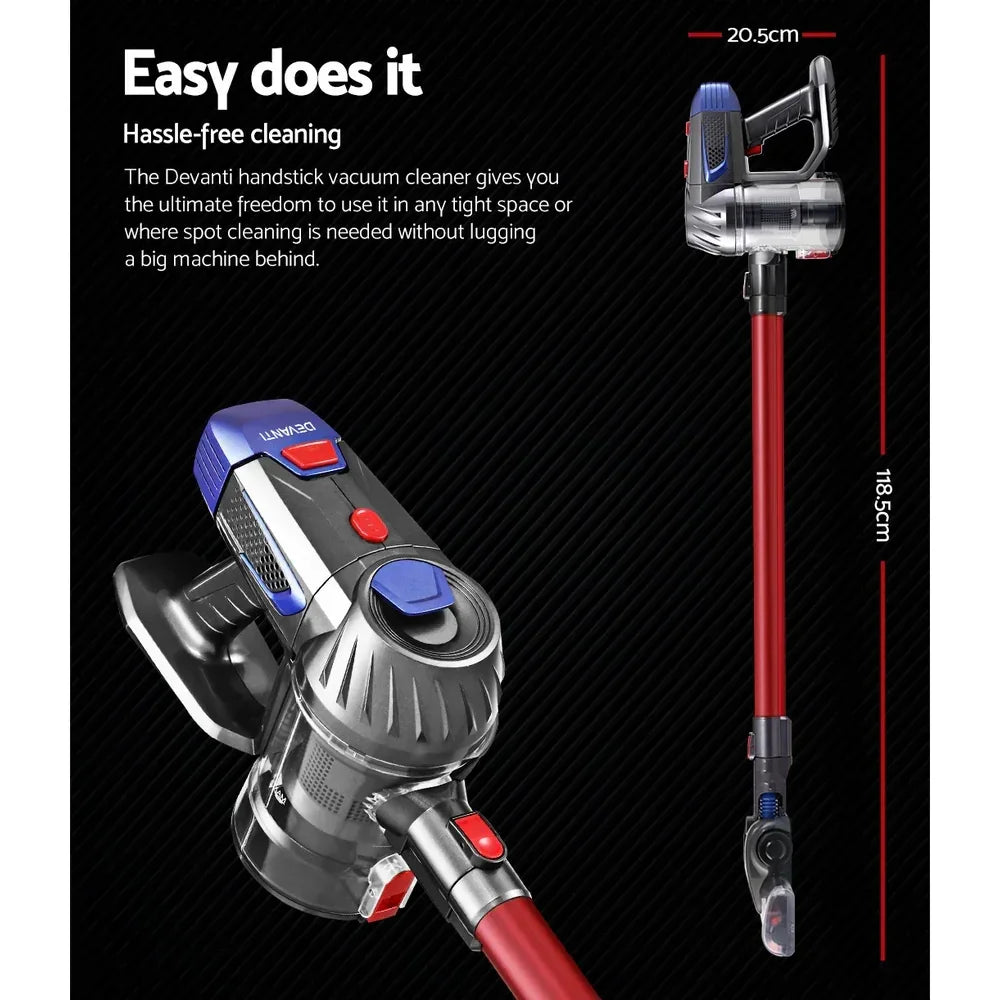 Devanti Stick Vacuum Cleaner Bagless Cordless Red 150W - Stacks Warehouse