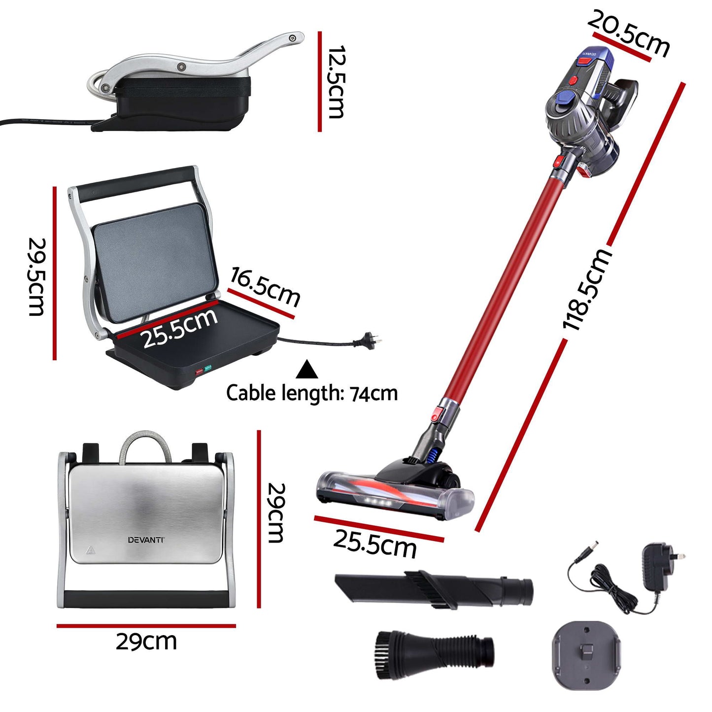 Devanti K7 Cordless Vacuum Plus Sandwich Maker Red