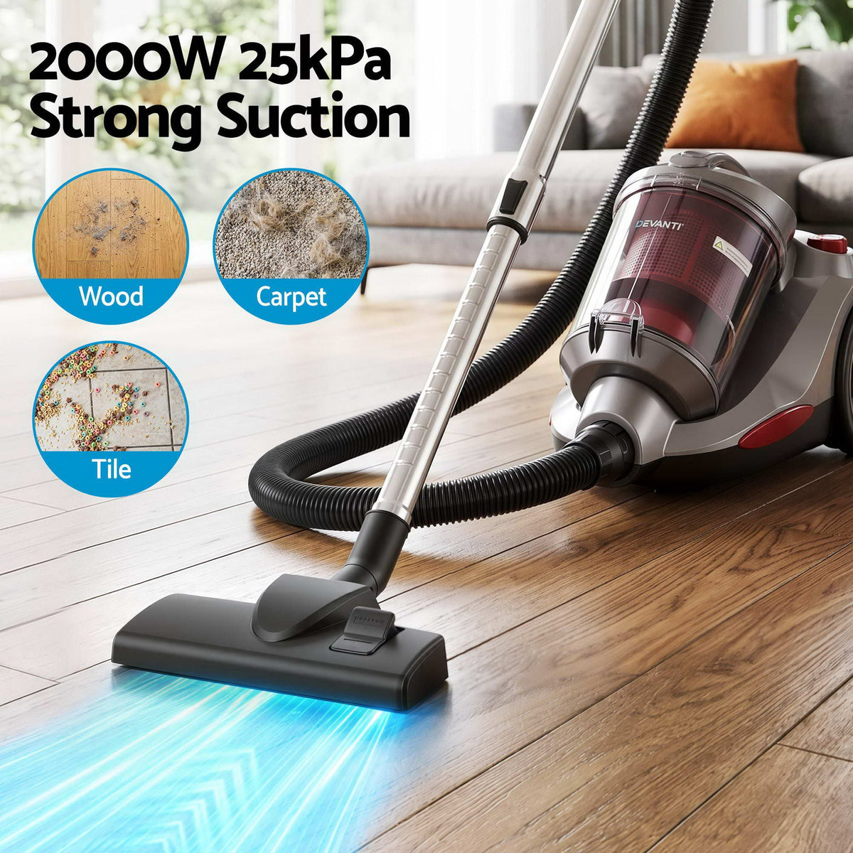 Devanti 2000W Bagless Canister Vacuum 4L - Red - view 4