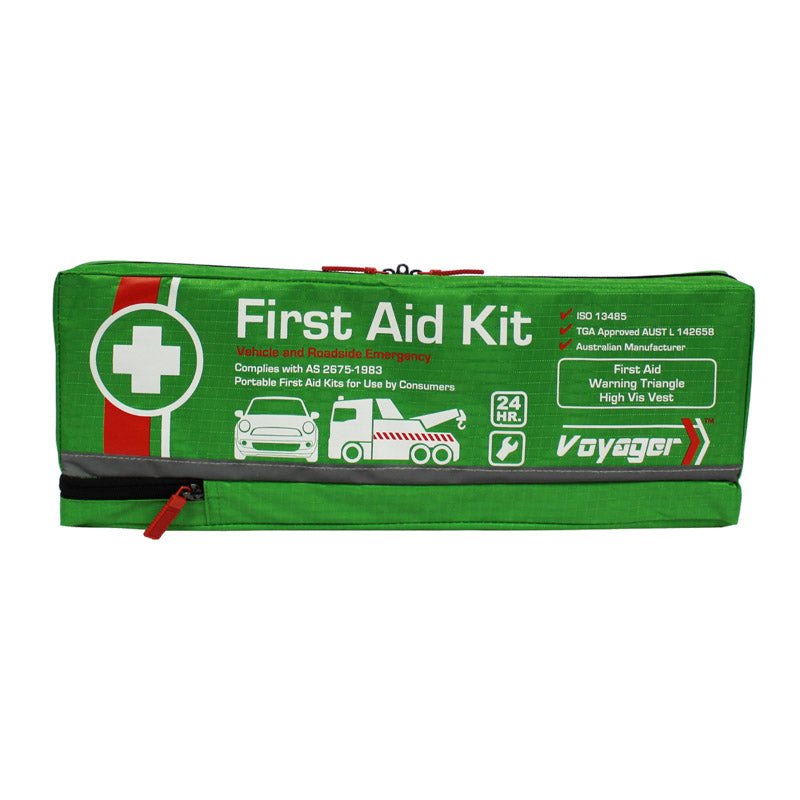 VOYAGER 2 roadside kit contents including a high-visibility reflective vest and foldable warning triangle