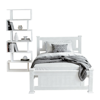 Artiss RIO king single bed frame in white pine with a matching six tier S shape display shelf