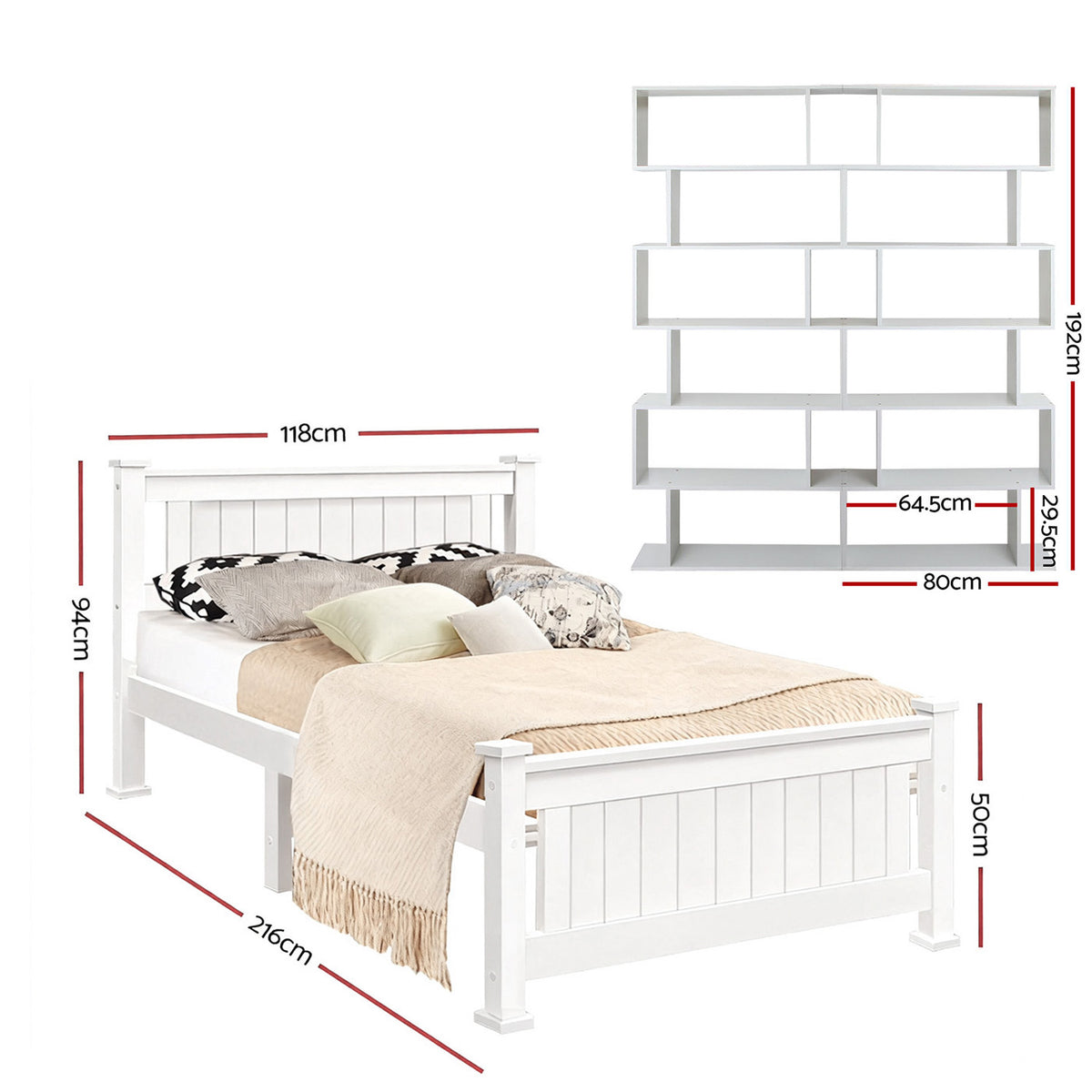 White pine king single bed frame with a headboard and timber slatted base