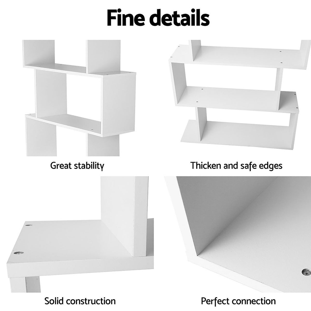 Cascading shelves of the S shape bookshelf, each rated to 3kg, in a matte white finish