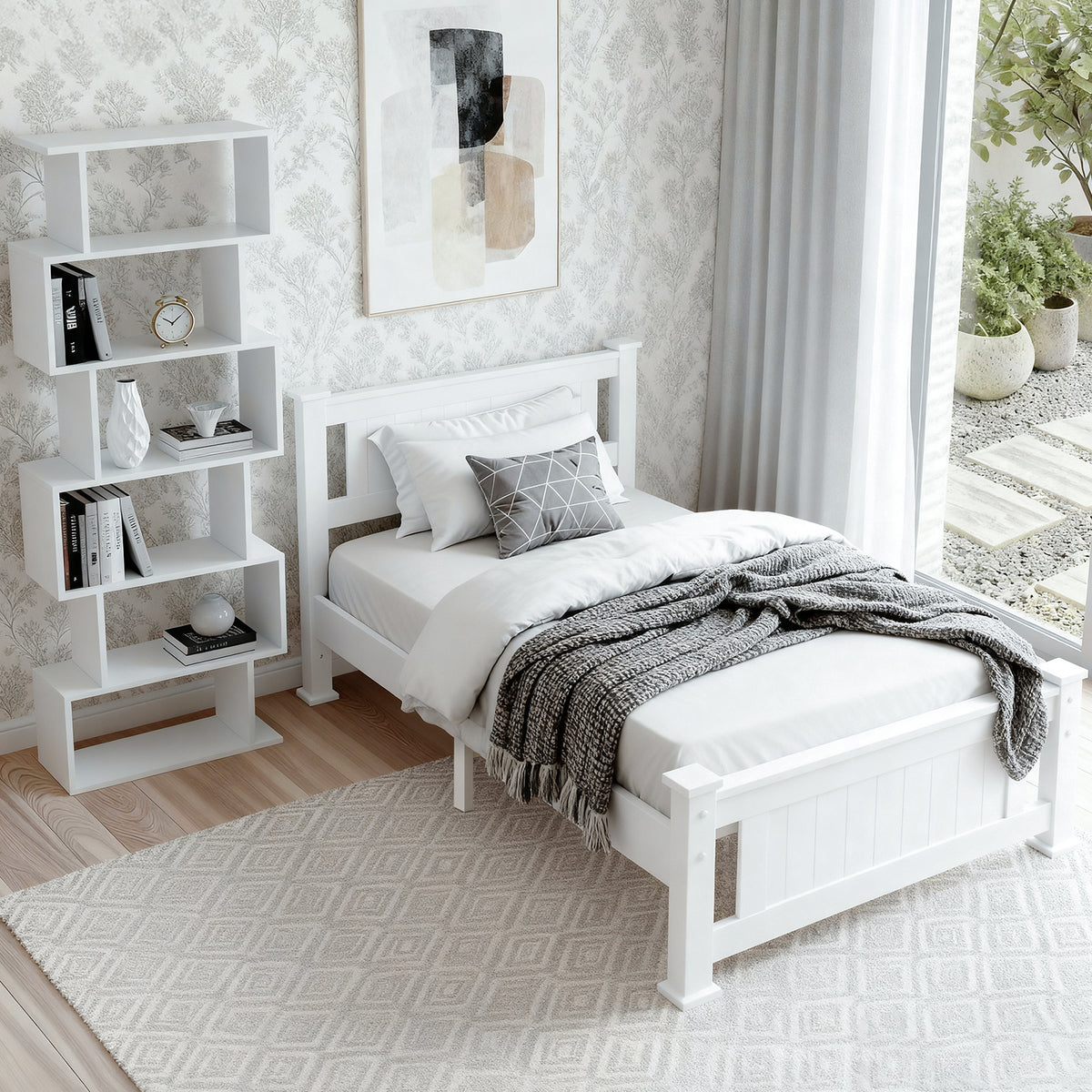 Pine bed frame painted in SGS tested non-toxic white paint from FSC certified sources