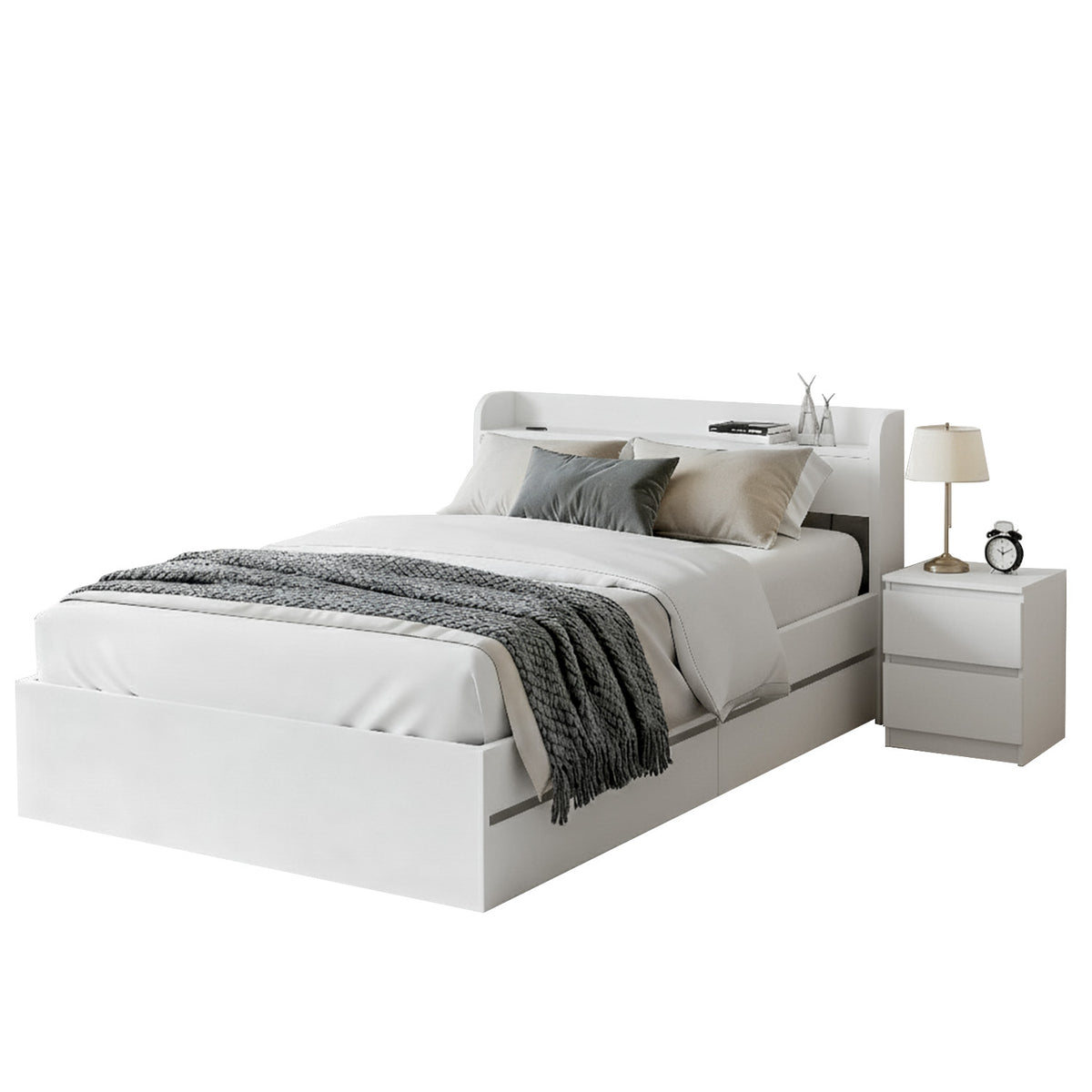 Artiss AURA single bed frame in white with the matching Pepe two-drawer bedside table