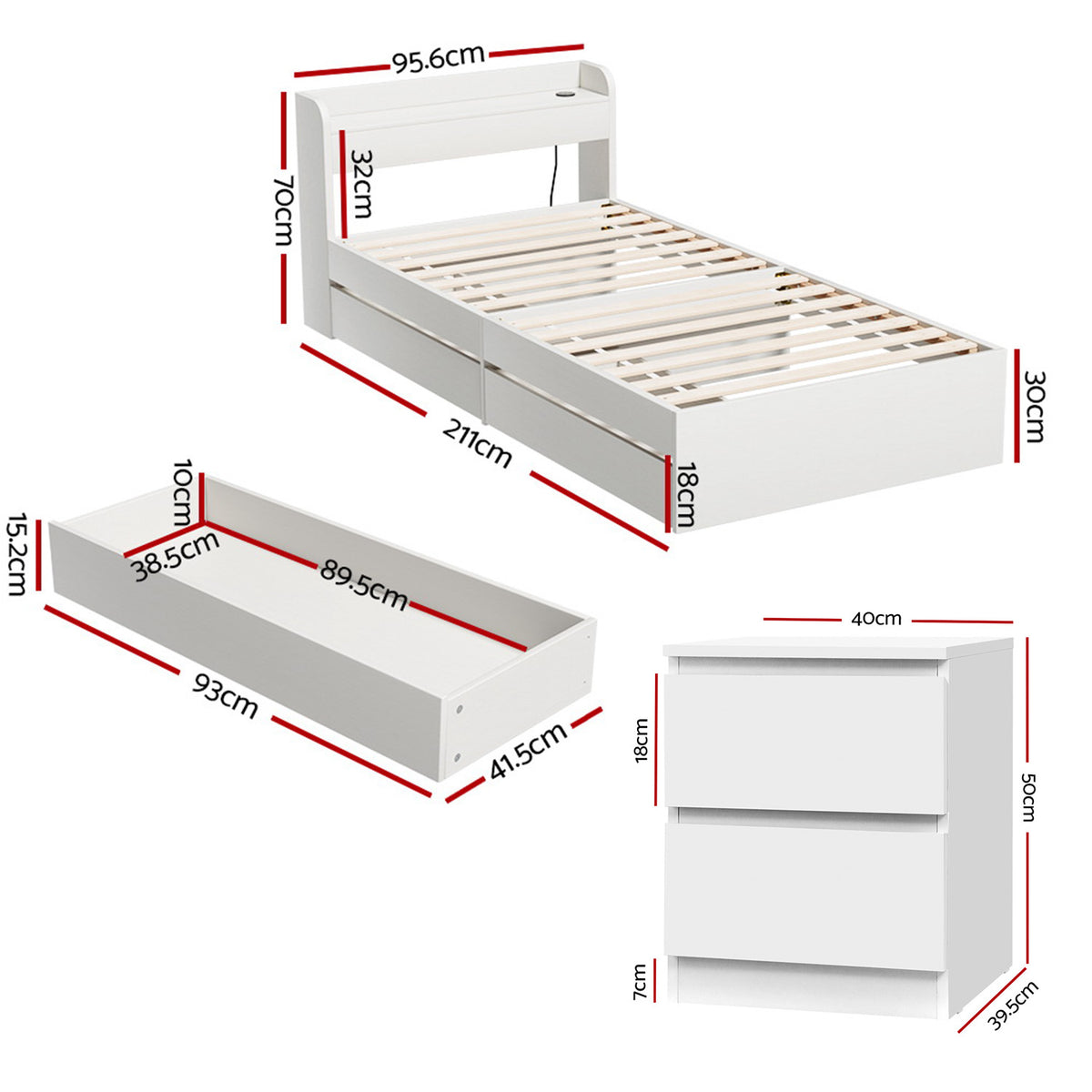 White AURA single bed frame with a wide storage headboard and smoothed edges