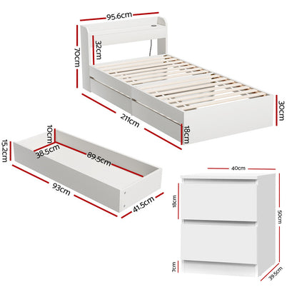 White AURA single bed frame with a wide storage headboard and smoothed edges