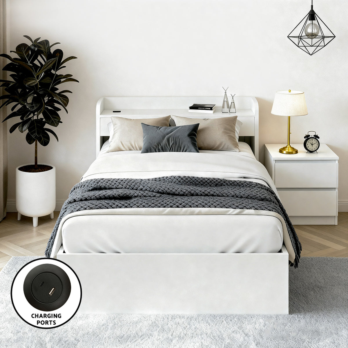 Two USB charging ports with a 200cm cable built into the AURA bed frame headboard