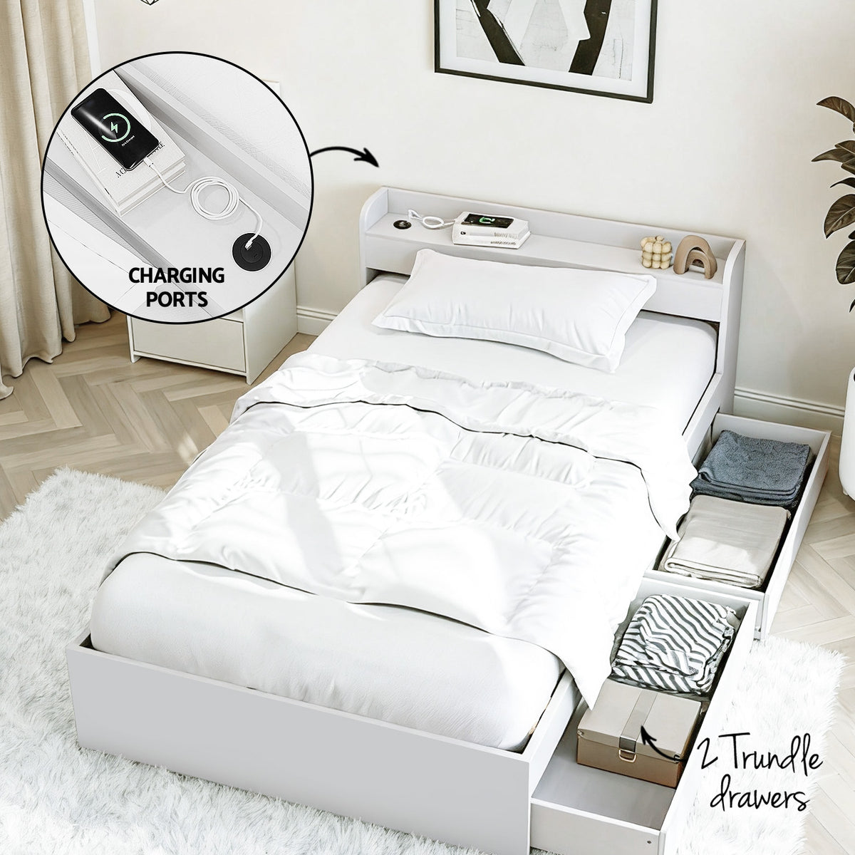 Artiss Pepe bedside table in white with two deep drawers and a handle-free front