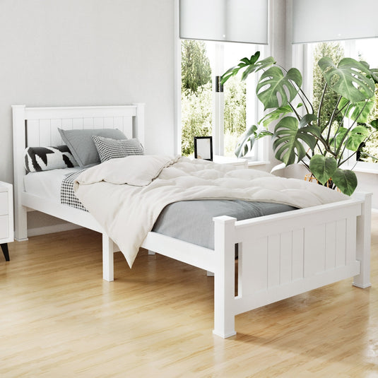 Artiss RIO single bed frame in solid pine wood with a white non-toxic painted finish