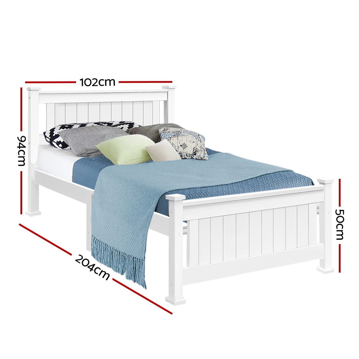 Solid pine wood single bed frame with a shaped headboard, finished in white