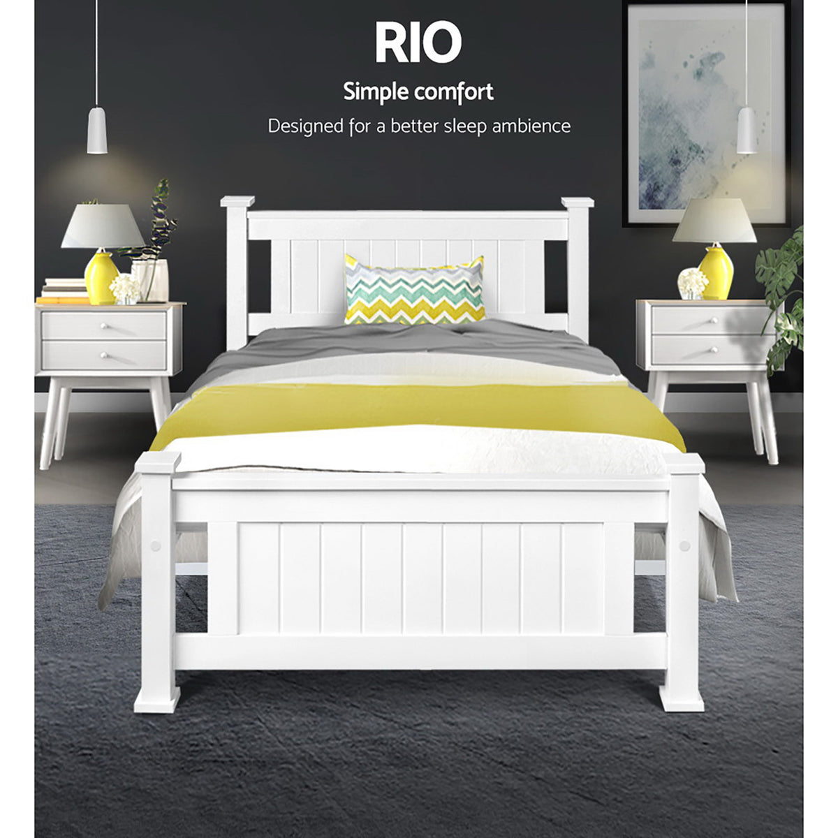 White single bed frame measuring 204cm long, 102cm wide and 94cm tall