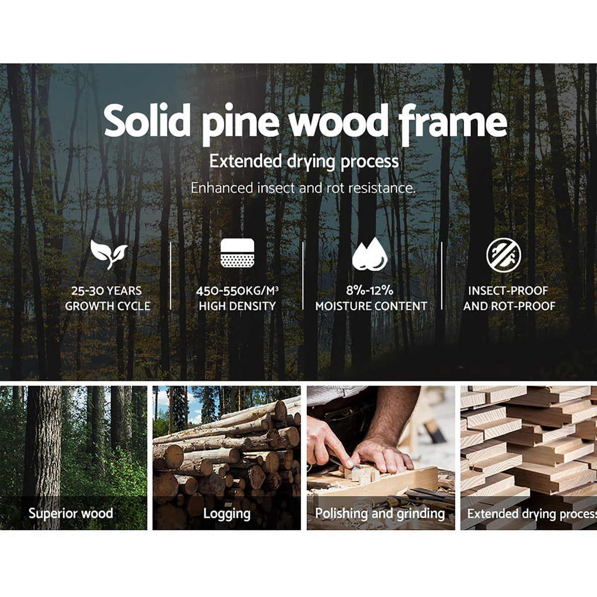 Reinforced angled brackets and heavy-duty steel fixings on the RIO pine bed frame